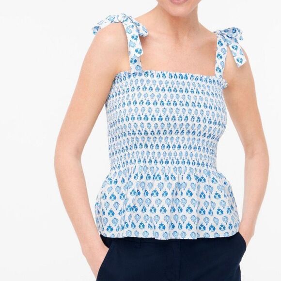 J. Crew NWT blue printed smocked waist tie strap tank - Picture 1 of 8